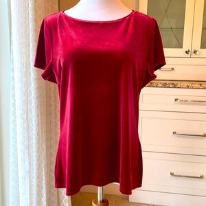 Short sleeve top by White House Black market in deep red velvet fabric.